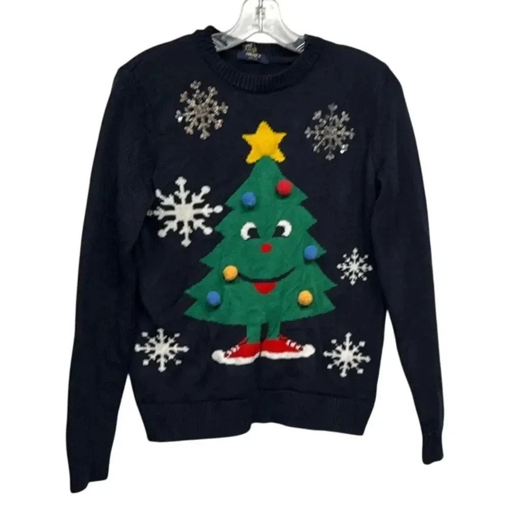 Women's Forever 21 Ugly Christmas Holiday Tree‎ Navy Blue Sweater Size Small (S)
